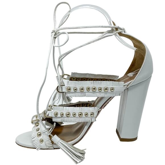 Aquazzura White Tulum Fringed Leather Studded Gladiator Sandal size 37.5 - Picture 9 of 12